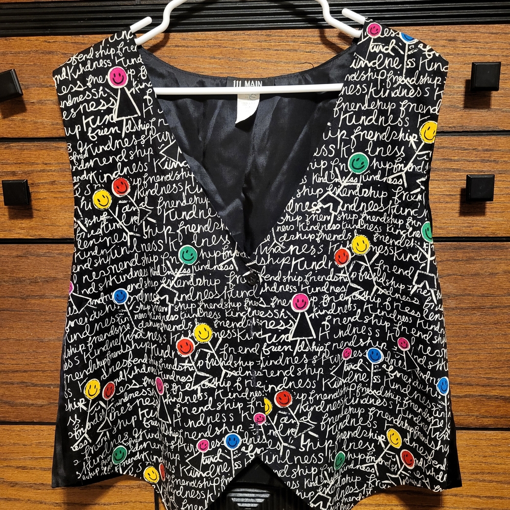 Women's 111 Main 90s Black Printed Vest with Multicolor Smiley Accents